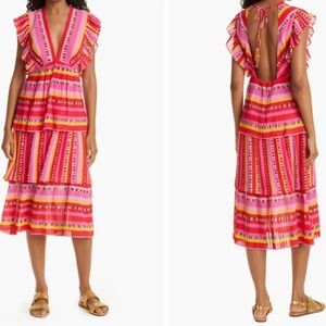 FARM Rio Lucy Stripes Tiered Pleated Midi Dress in Pink and Red